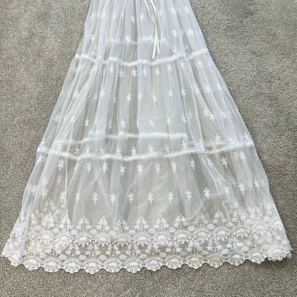 Vintage No Strings Attached Sheer White Floral Coverup Bridal Night Gown Dress M - Picture 9 of 13